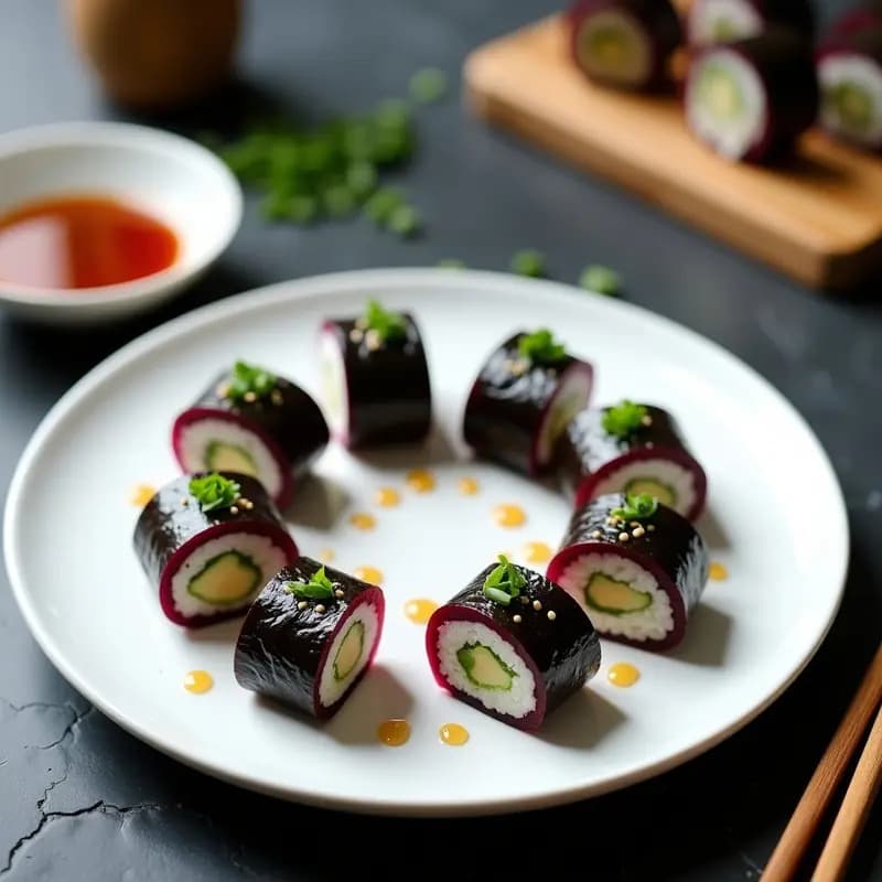 Plato blanco con sushi de remolacha y queso de caju cortado en porciones, mostrando capas de remolacha morada, crema de caju y pepino. Decorado con vinagreta de sésamo negro y cebollino picado. Entrante japonés crudivegano elegante y colorido.