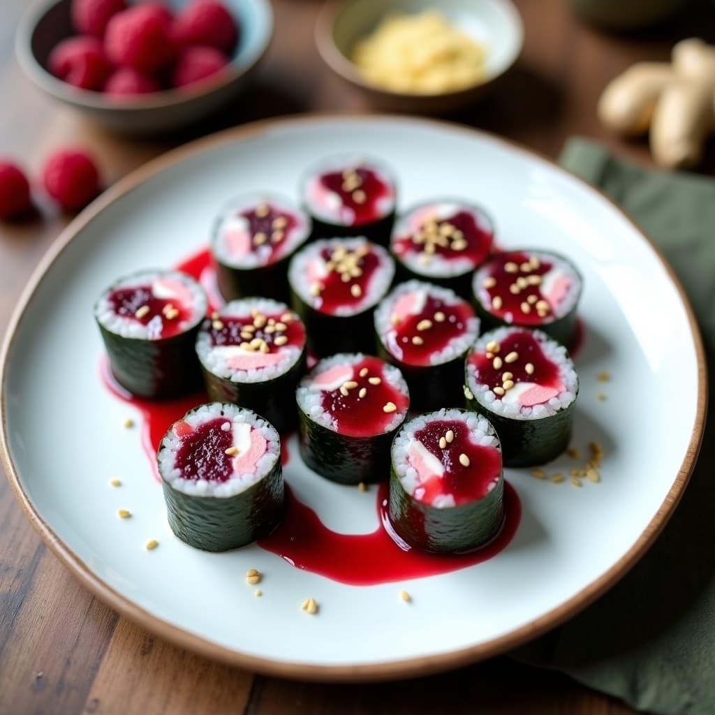 Plato rectangular de cerámica blanca con 8 piezas de sushi vegano sin gluten, rellenas de remolacha morada en cubos y queso de caseda cremoso, servidas sobre hojas de nori. Acompañadas de salsa de frambuesa brillante y semillas de sésamo tostadas espolvoreadas. Fondos borrosos de ingredientes como frambuesas frescas y jengibre rallado.