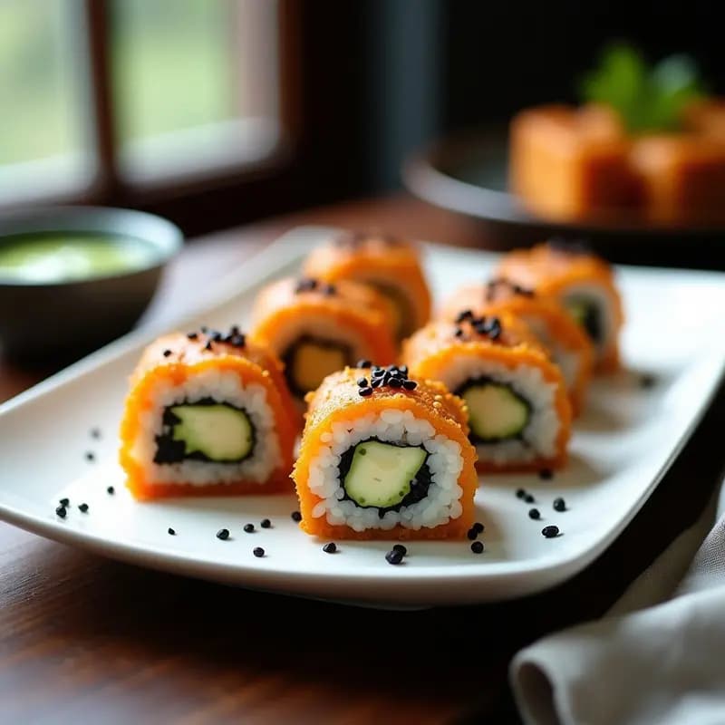 Plato de sushi vegano en Airfryer con rollos de remolacha morada y queso crema de anacardos, cortados en porciones y dorados ligeramente. Acompañados de salsa de wasabi verde y semillas de sésamo negro espolvoreadas. Presentación minimalista sobre tabla de madera oscura con fondo difuminado.