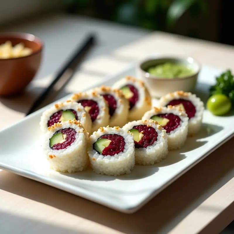 Plato blanco con rollos de sushi de remolacha y queso crema cortados en porciones, mostrando capas de aguacate, pimiento rojo y pepino. Decorado con semillas de sésamo tostadas y un hilo de salsa wasabi. Fondos borrosos con ingredientes frescos y utensilios de cocina japoneses.