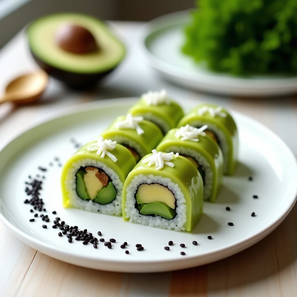 Sushi roll vegano de agar-agar y aguacate cortado en porciones, con capas visibles de crema de aguacate, coco rallado y semillas de sésamo negro, sobre un plato blanco con fondo minimalista.