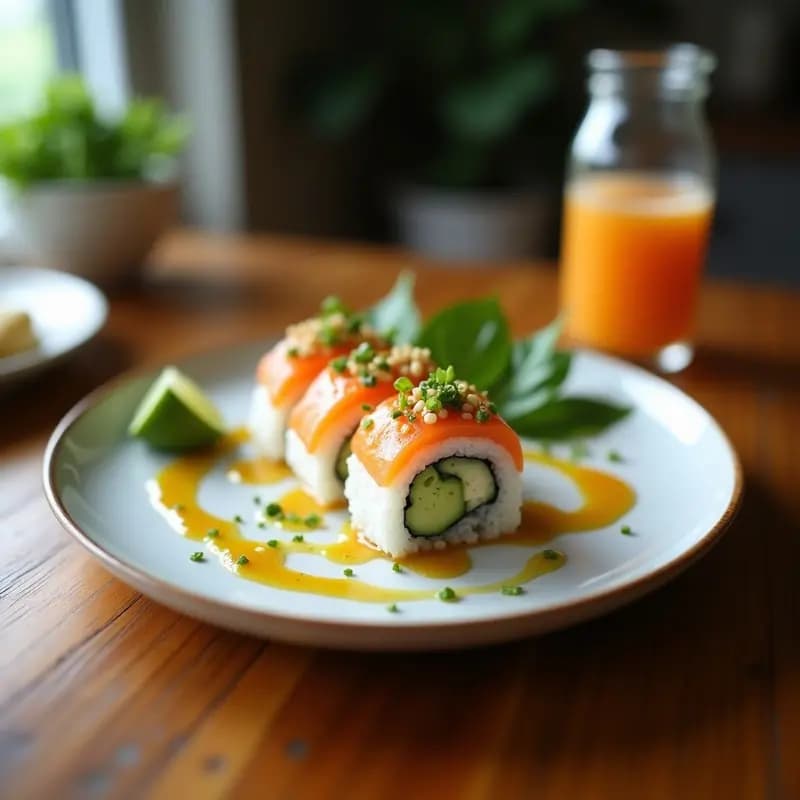 Plato de sushi roll de aguacate y espárragos con salsa de wasabi y miel, cortado en porciones sobre una tabla de madera oscura. Los rollos muestran capas de arroz blanco, aguacate cremoso y espárragos trigueros verdes, acompañados de un cuenco pequeño con salsa dorada y jengibre en escabeche. Decoración minimalista con semillas de sésamo espolvoreadas.