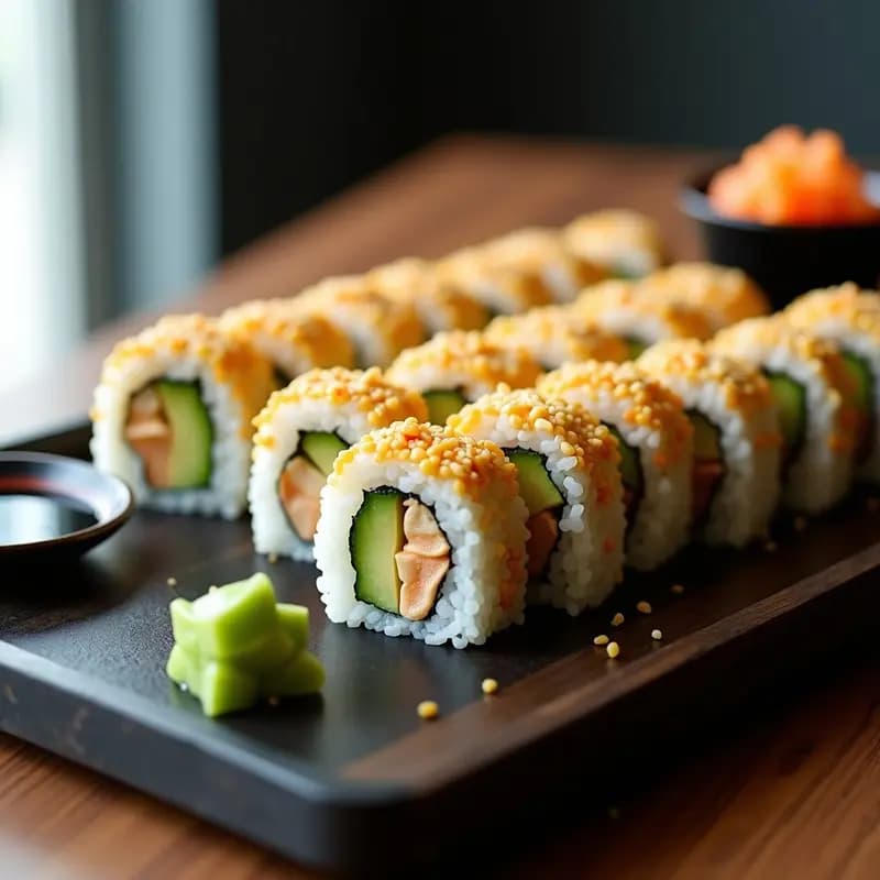 Plato blanco con sushi roll californiano cortado en porciones, mostrando capas de arroz, aguacate, cangrejo y huevas de pescado, espolvoreado con sésamo. Acompañado de salsa de soja, jengibre encurtido y wasabi sobre una mesa de madera rústica.