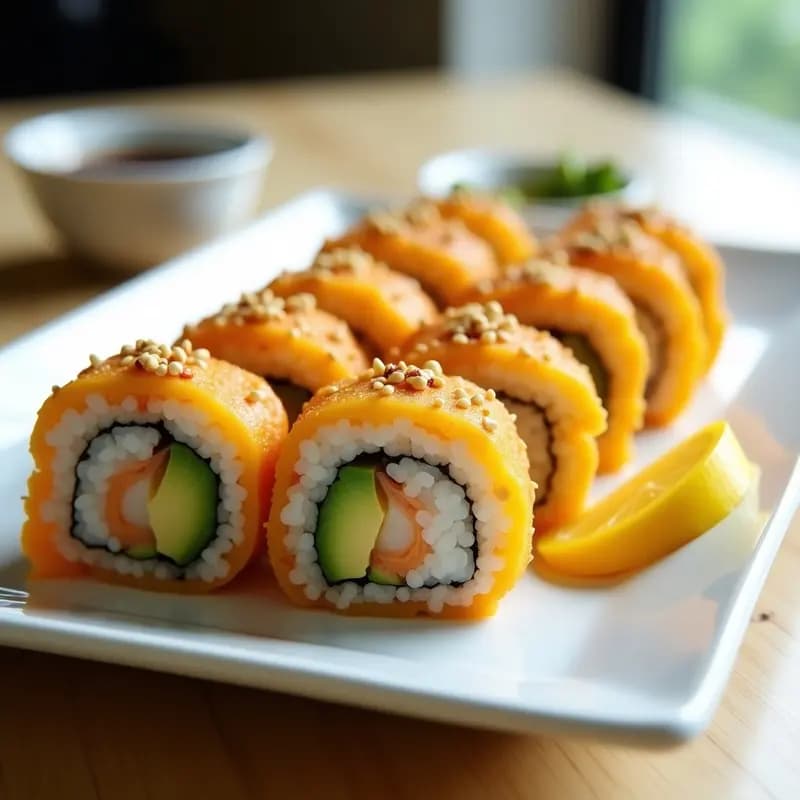 Plato blanco con Sushi Roll de Manga y Aguacate con Tempura de Camarón, cortado en porciones sobre alga nori, acompañado de salsa soja y sriracha, con semillas de sésamo espolvoreadas y rodajas de mango como decoración.