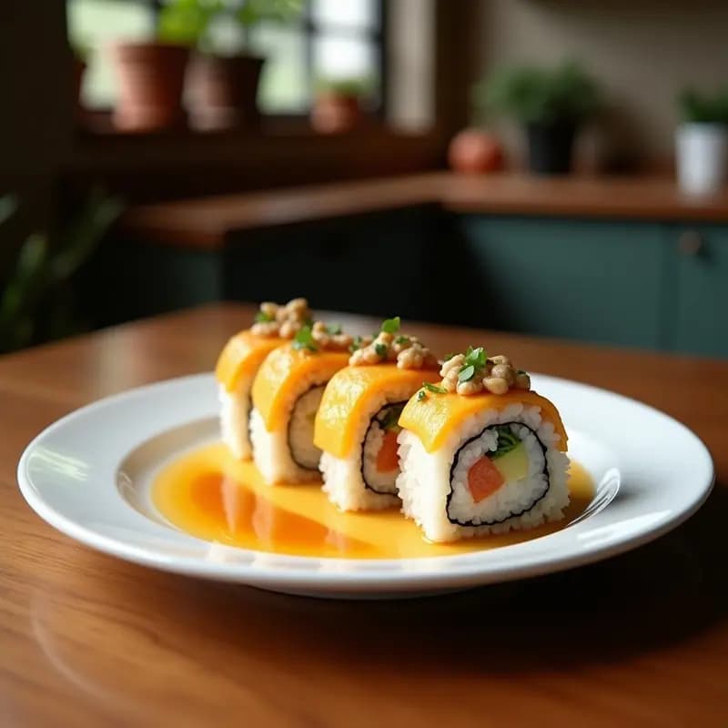 Rollos de sushi de sandía y queso feta cortados en porciones, con vinagreta de balsámico y miel, decorados con semillas de sésamo negro y hojas de menta fresca sobre una bandeja de madera rústica.