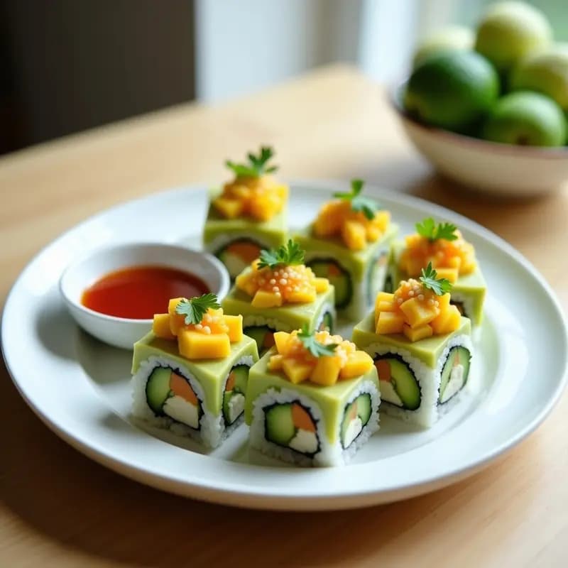 Plato blanco con sushi rolls veganos de aguacate y mango, cortados en piezas, acompañados de salsa sriracha y semillas de sésamo espolvoreadas. Receta fresca y colorida con tonos verdes, naranjas y blancos.