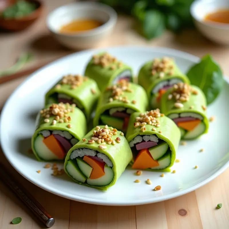 Plato de sushi rolls veganos de aguacate y pepino con vinagreta de sésamo, servidos sobre una tabla de madera oscura con semillas de sésamo espolvoreadas y decoración de cilantro fresco.