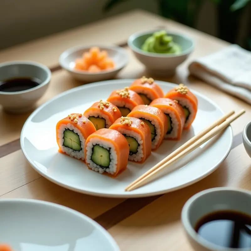 Plato blanco con sushi rolls de aguacate y salmón ahumado cortados en porciones, servidos con salsa de soja, jengibre en escabeche y wasabi, receta japonesa fácil para principiantes.