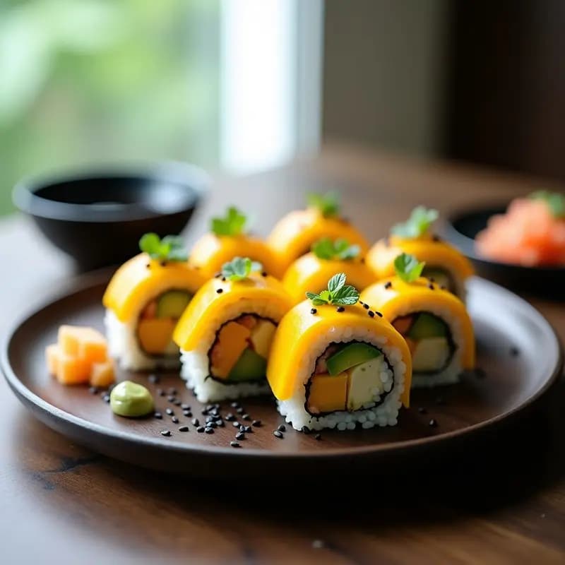 Plato de sushi rolls veganos cortados en piezas, rellenos de mango amarillo, aguacate verde y cangrejo imitación, sobre una tabla de madera oscura con salsa de soja, jengibre en escabeche y semillas de sésamo espolvoreadas. Receta japonesa sin lactosa.