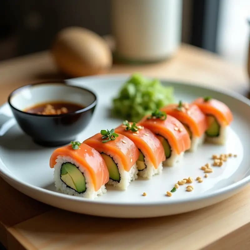 Plato de sushi de salmón y aguacate con salsa de soja y jengibre, rollos perfectamente cortados sobre una tabla de madera con semillas de sésamo espolvoreadas y salsa en un recipiente aparte.
