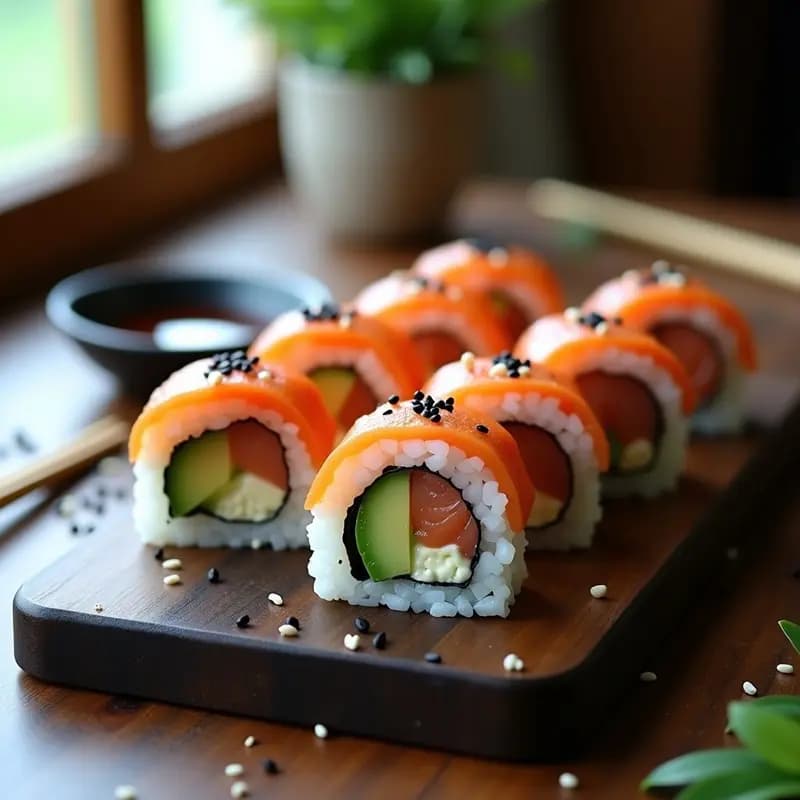 Rollos de sushi creativos con salmón ahumado y crema de queso, cortados en porciones y presentados en una fuente de madera oscura. Los rollos muestran capas visibles de arroz blanco, salmón rosado, aguacate verde y pepino, espolvoreados con semillas de sésamo negro. Acompañados de salsa de soja y palillos japoneses.