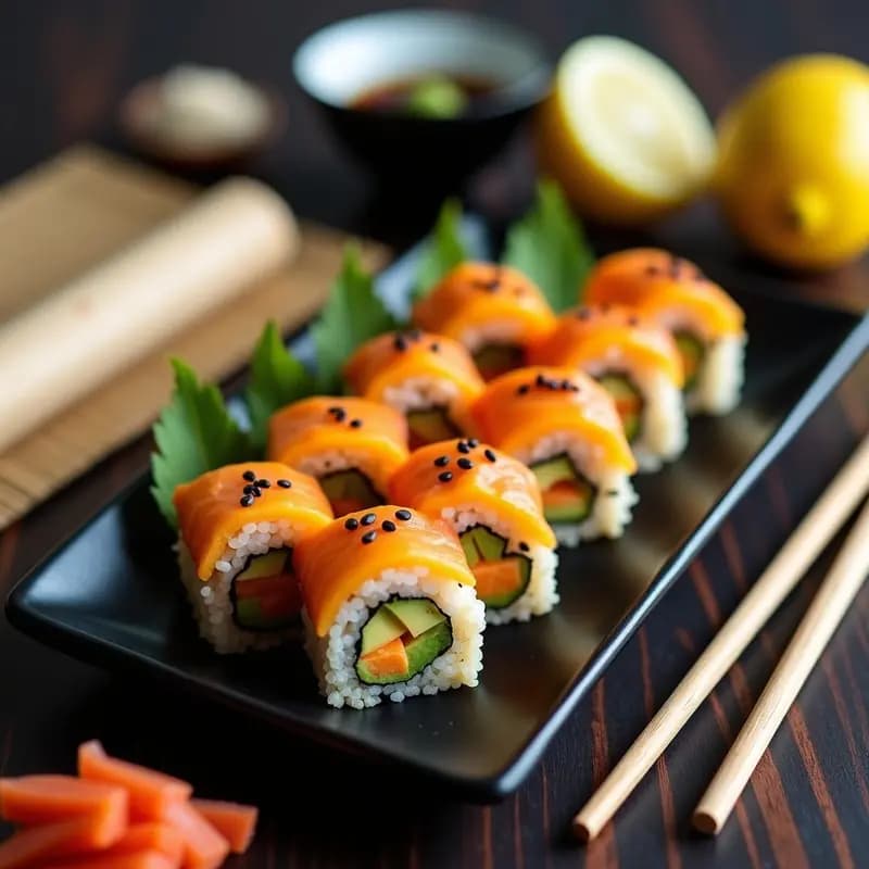 Rollos de sushi vegano con quinoa, salmón ahumado y mango cortados en porciones, servidos en plato de madera con salsa de soja y wasabi, decorados con sésamo negro.
