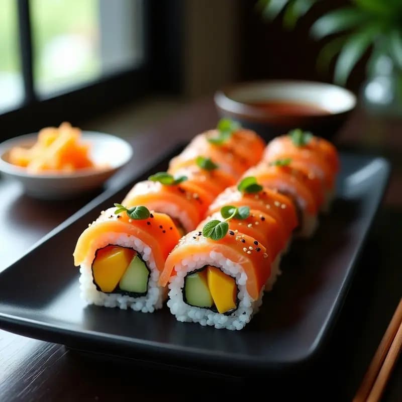Roll de sushi gourmet cortado en piezas sobre una tabla de bambú, mostrando capas de arroz blanco con semillas de sésamo negro, salmón rosa, mango verde y pepino, acompañado de salsa teriyaki brillante y wasabi, decorado con hojas de shiso.