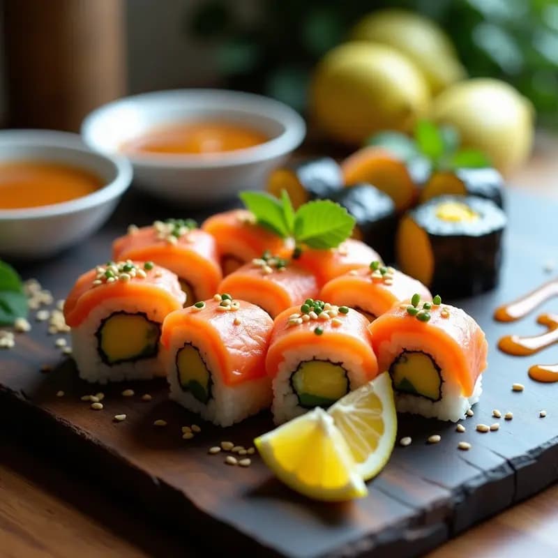 Plato de sushi fusion japonés-peruano con rollos de salmón fresco y mango maduro, cortados en piezas perfectas, acompañados de una salsa cremosa de wasabi y miel. Decorado con semillas de sésamo tostadas y rodajas de limón sobre una tabla de madera oscura.