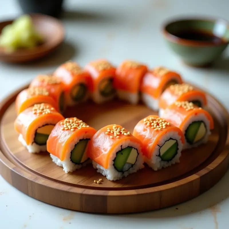 Rollos de sushi de salmón ahumado y queso cream cheese cortados en porciones, servidos en bandeja de madera con salsa de soja, jengibre en conserva y semillas de sésamo, receta rápida de rollos japoneses.