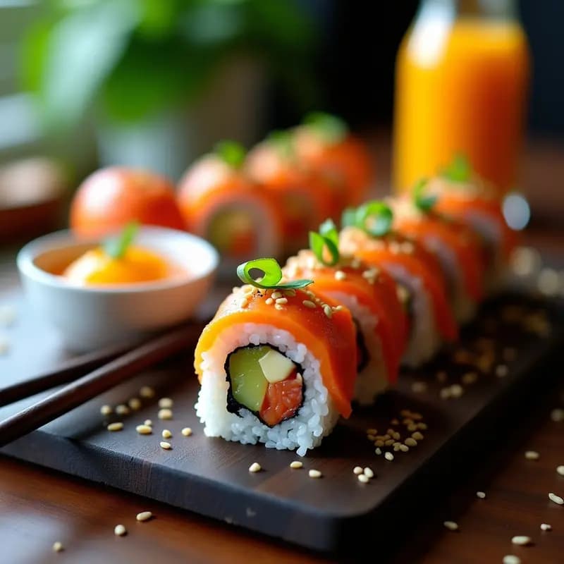 Plato de sushi fusión Japo-Mexicana con rollos de alga nori rellenos de arroz, queso Filadelia y salmón ahumado, acompañados de salsa de mango habanero en un bol pequeño. Decorado con semillas de sésamo y cebollín fresco sobre una tabla de madera oscura.
