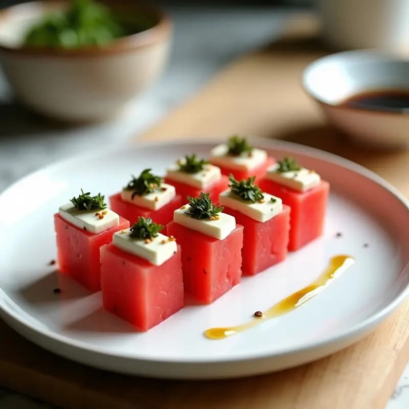 Plato blanco con sushi de sandía y queso feta con algas wakame, decorado con semillas de sésamo y aceite de oliva, sobre fondo de madera clara.