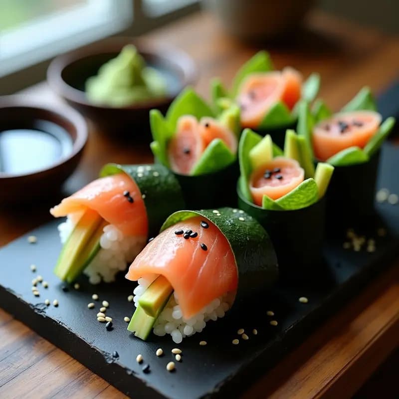 Cuatro temakis de sushi recién enrollados, con alga nori crujiente, arroz blanco brillante y relleno visible de salmón ahumado rosado, aguacate verde cremoso y pepino fresco, servidos sobre una tabla de madera oscura con salsa de soja y palillos al lado. Receta de sushi temaki con aguacate y salmón ahumado.