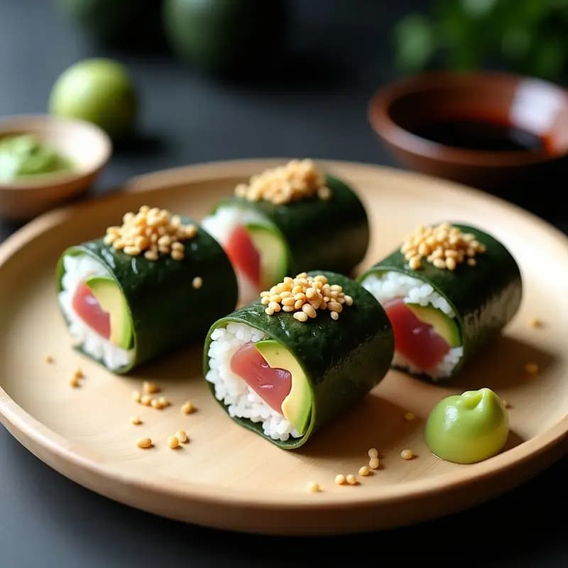 Tres conos de sushi temaki de atún y aguacate sobre una tabla de madera oscura, con alga nori tostada, rellenos de arroz brilloso, láminas de aguacate verde y tiras de atún rojo. Acompañados de salsa de soja, wasabi y jengibre encurtido en un plato pequeño de cerámica blanca.