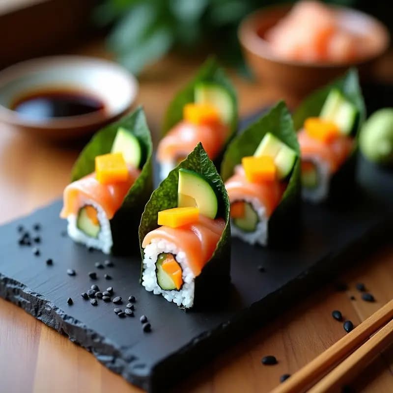 Cuatro temakis de sushi en forma de cono, con alga nori crujiente rellenos de arroz blanco, láminas de salmón ahumado, tiras de mango maduro, pepino y aguacate, servidos sobre una tabla de madera oscura con salsa de soja, jengibre en escabeche y wasabi al lado. Receta de sushi temaki de salmón ahumado y mango.