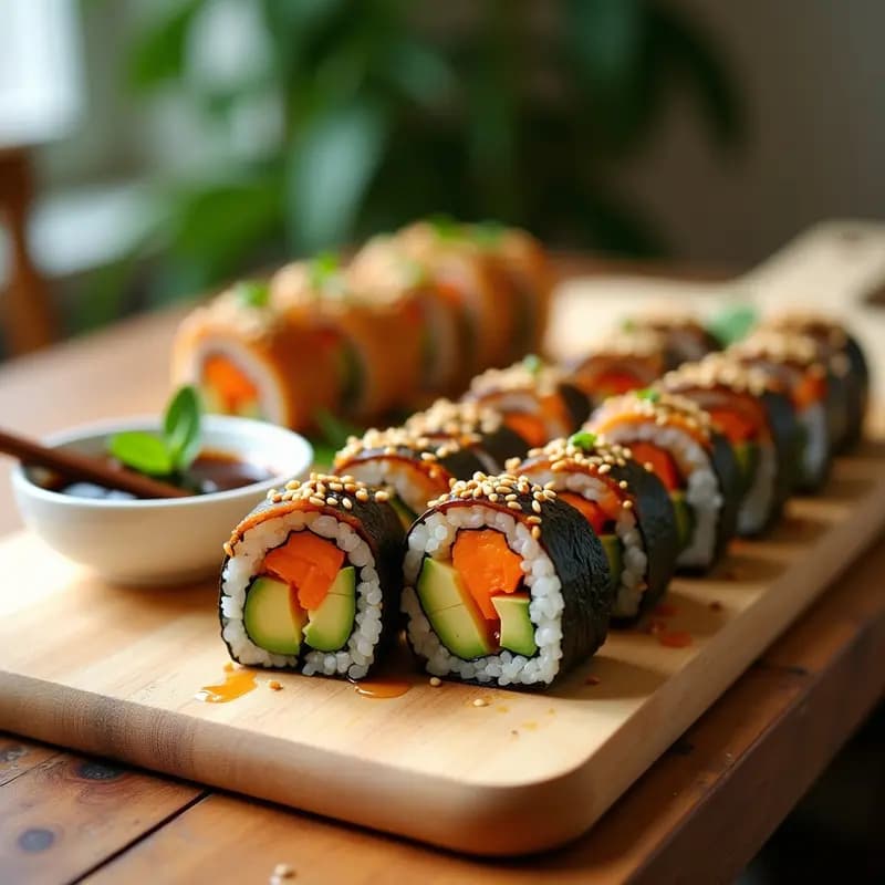 Rollos de sushi vegano cortados en porciones, rellenos de tempeh dorado, aguacate cremoso y pepino, bañados en salsa teriyaki brillante y espolvoreados con semillas de sésamo negro. Plato servido en fuente de madera con palillos y rodajas de limón.