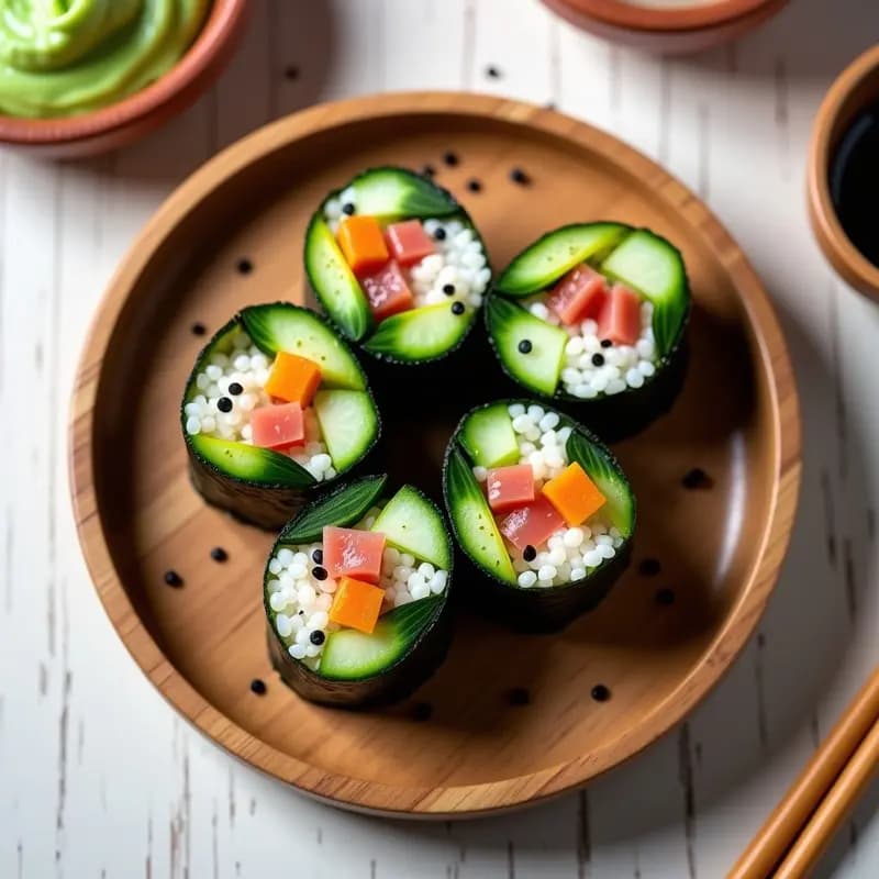 Plato blanco con rollos de sushi de umeboshi y pepino, envueltos en alga nori, cortados en porciones y decorados con semillas de sésamo. Receta japonesa vegana y baja en calorías.