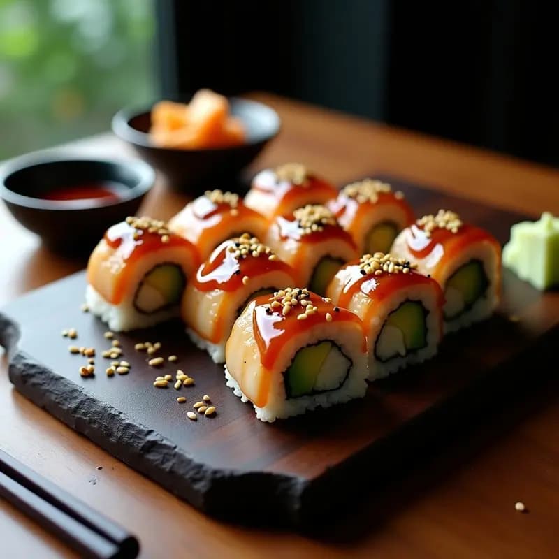 Plato de sushi de unagi con aguacate y salsa teriyaki, enrollado a la perfección con semillas de sésamo. El unagi brilla con un glaseado dorado, el aguacate muestra su textura cremosa y el conjunto se presenta sobre un plato negro con palillos y jengibre encurtido.