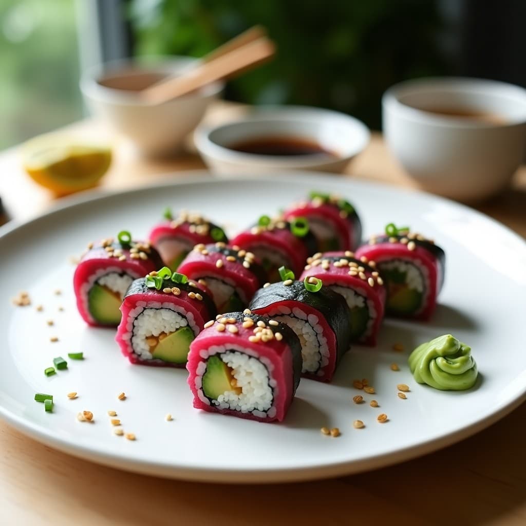 Plato blanco con sushi vegano de remolacha y aguacate cortado en piezas, mostrando capas de arroz, remolacha marina color fucsia y aguacate cremoso, decorado con semillas de sésamo y cebollino, acompañado de salsa tamari y wasabi.