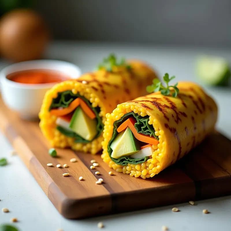 Sushirrito de aguacate y mango con salsa sriracha, receta fusion caliente y fría, envuelto en alga nori tostada con arroz basmati amarillo, relleno de láminas de aguacate verde, tiras de mango dorado, pepino y zanahoria, servido en tabla de madera con salsa sriracha en bol pequeño y semillas de sésamo espolvoreadas.