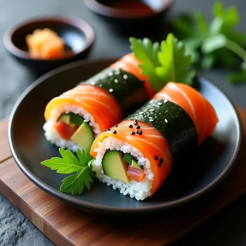 Sushirrito de aguacate y salmón fresco cortado por la mitad, mostrando capas de arroz de sushi aromatizado con vinagre de umeboshi, láminas de aguacate cremoso, salmón sashimi-grade y hojas de shiso, envuelto en alga nori y espolvoreado con semillas de sésamo negro. Acompañado de salsa de soja y jengibre en escabeche sobre una tabla de madera oscura.