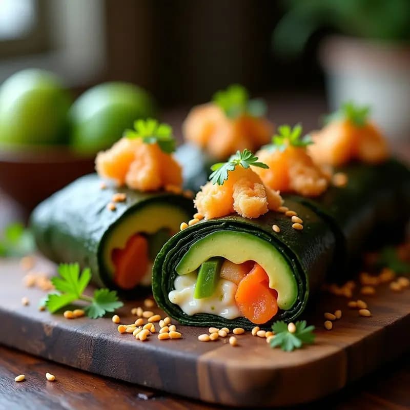 Sushirrito de aguacate y tempura de camarón envuelto en alga nori tostada, cortado por la mitad mostrando capas de lime crema, aguacate en láminas, camarones crujientes tempura, pepino y zanahoria juliana. Decorado con semillas de sésamo y salsa chile tahín, servido sobre tabla de madera oscura con fondo difuminado.