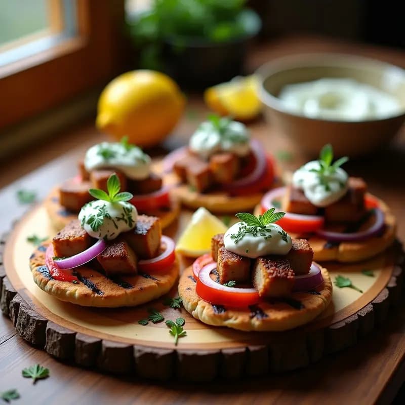 Brochetas de suvlaki griego de cerdo doradas y humeantes sobre pita casera abierta, rellena de salsa tzatziki cremosa, cebolla morada y tomates cherry, con semillas de sésamo espolvoreadas. Plato rústico de madera con hierbas frescas al fondo.