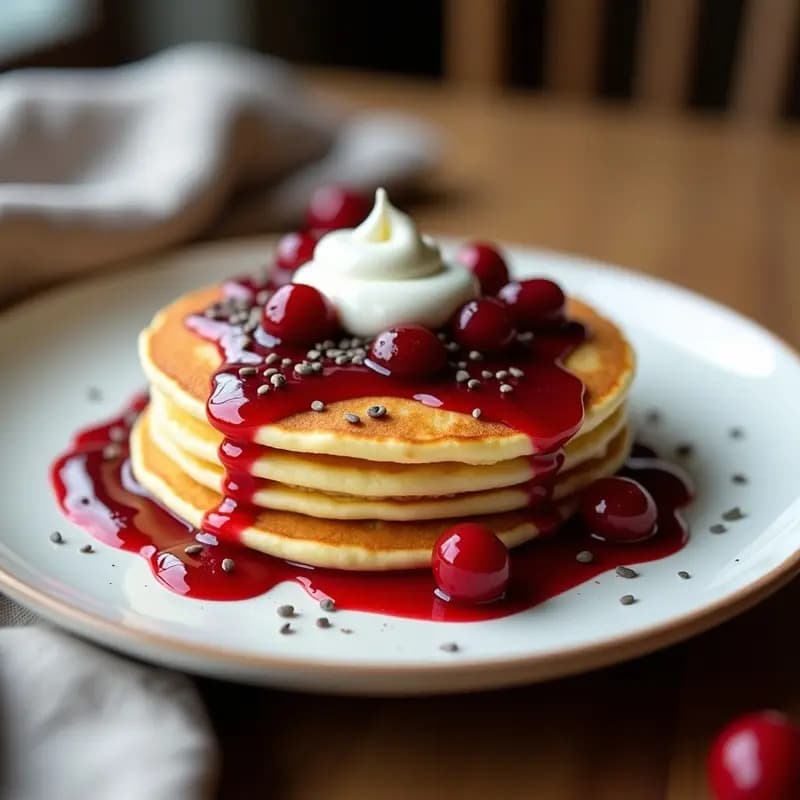Plato blanco con tortitas rusas syrniki doradas, queso fresco esponjoso en su interior, acompañadas de mermelada de arándanos brillante y un toque de crema agria. Desayuno proteico tradicional con texturas contrastadas.