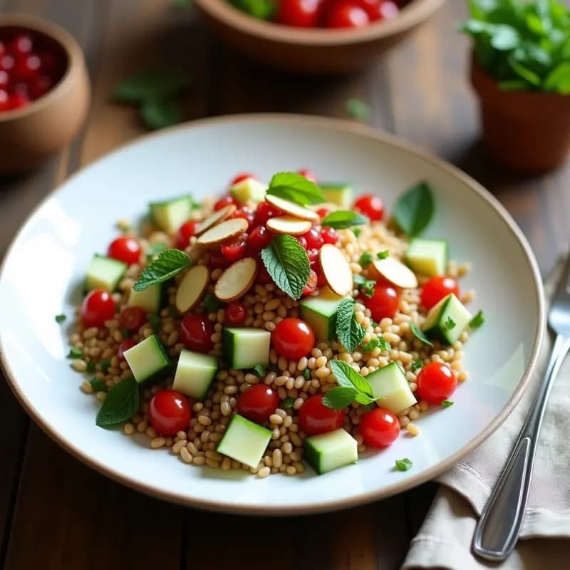 Ensalada Tabboule de espelta y granados servida en un bol de cerámica blanca, con semillas de granado rojas brillantes, hierbas verdes frescas y almendras tostadas. Plato colorido y fresco, típico de la cocina libanesa saludable.