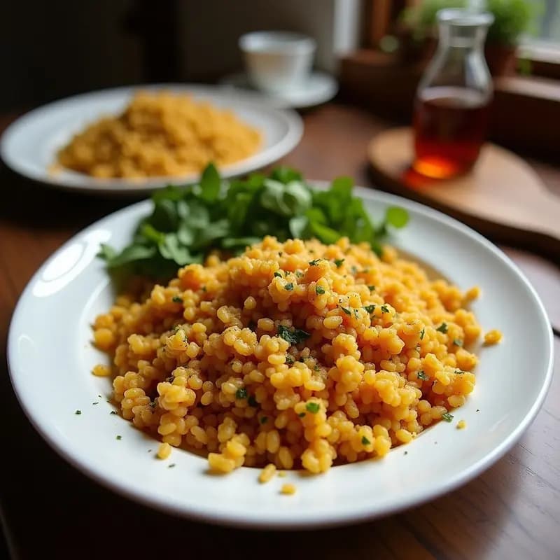 Plato blanco con tabboule de trigo bulgur y granados, decorado con semillas de granada rojas y sésamo tostado, hierbas verdes frescas y limón en rodajas, sobre un fondo rústico de madera.