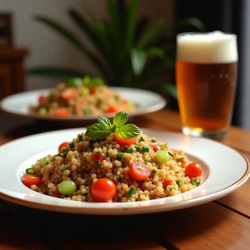 Ensalada libanesa Tabbouleh de bulgur integral y arándanos secos en un bol de cerámica blanca, con hierbas frescas, almendras tostadas y aderezo brillante, sobre fondo rústico de madera.