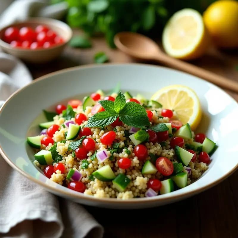 Ensalada Tabbouleh Libanes de Bulgur y Perejil con Limón en un bol de cerámica blanca, con granos de granada rojos, perejil fresco y rodajas de limón como decoración. Plato fresco, vegano y sin gluten.