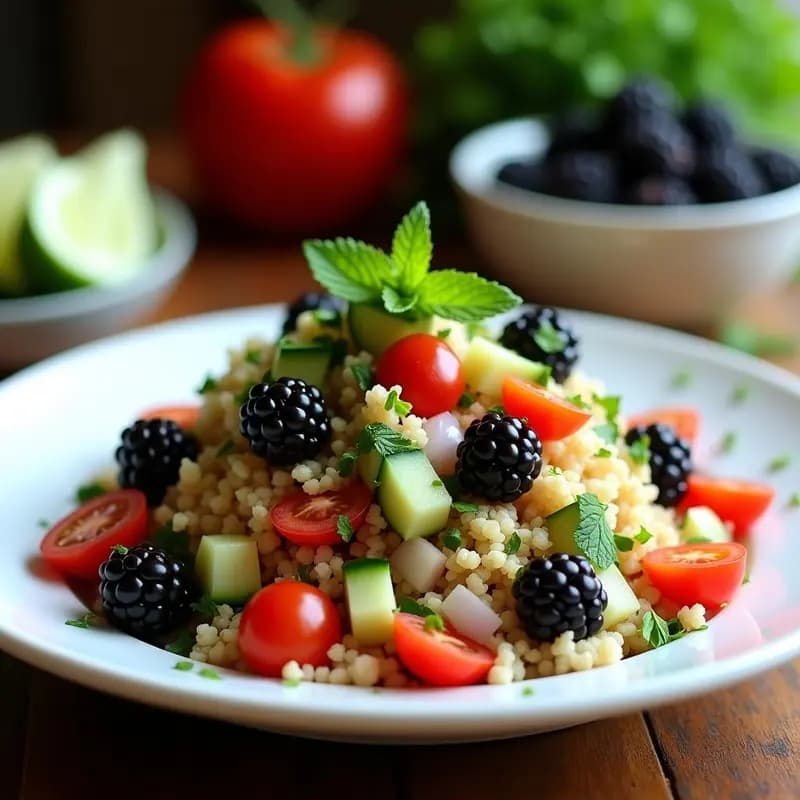 Tabbouleh de bulgur y zarzamora en un plato blanco hondo, con zarzamoras enteras y trozos de pepino, tomate y hierbas frescas. Ensalada libanesa con toque dulce y ácido, lista para servir.