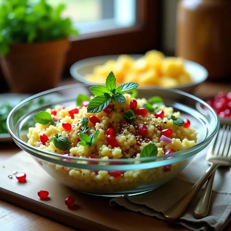 Ensalada Tabbouleh libanesa vegana con coliflor rallada, semillas de granada rojas, perejil y menta fresca, bañada en vinagreta de limón. Servida en un bol de cerámica blanca sobre fondo rústico de madera con hojas de menta decorativas.