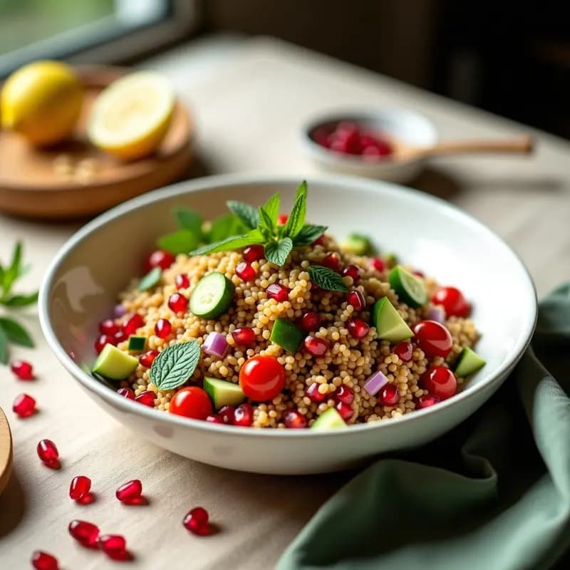 Bol de cerámica blanca con Tabbouleh de espelta y granados, decorado con semillas de granada rojas brillantes, hierbabuena fresca y sésamo tostado, sobre un mantel de lino beige con limones y especias al fondo.