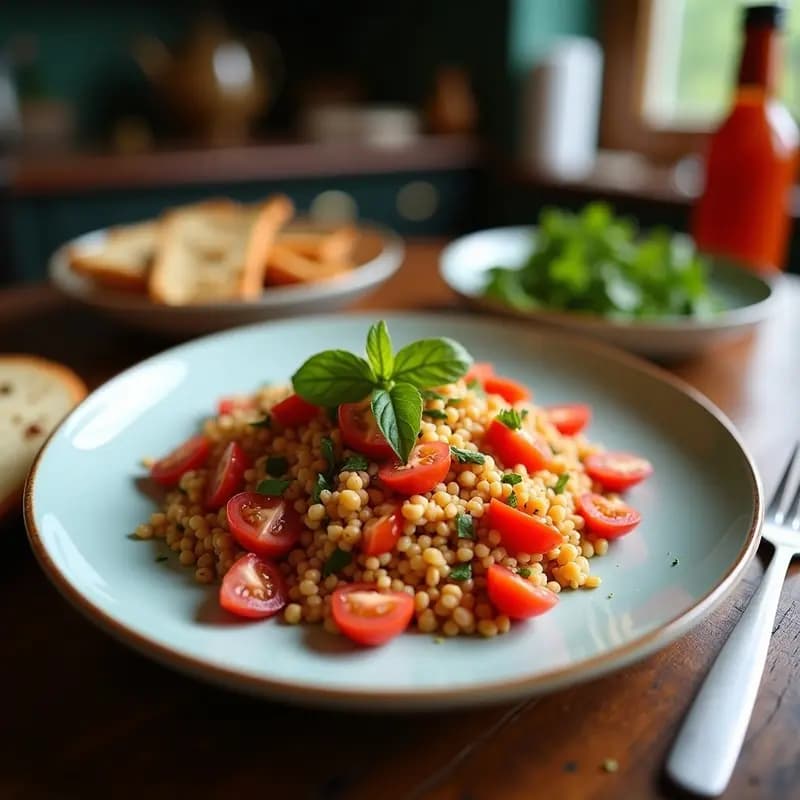 Bol grande de cerámica blanca con Tabbouleh de Mijo y Tomate, decorado con semillas de sésamo tostado y hojas de menta fresca. La ensalada muestra trozos de tomate rojo brillante, pepino verde, cebolla morada y perejil picado, con un fondo de mijo perlado. Plato fresco y colorido, ideal para una comida saludable y sin gluten.