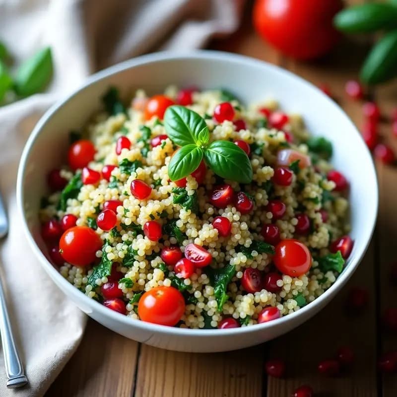Ensalada Tabbouleh de quinoa y granados sin trigo servida en un bol de cerámica blanca, con semillas de granada rojas brillantes, hierbas verdes frescas y limón confitado. Plato colorido y fresco, típico de la cocina libanesa.