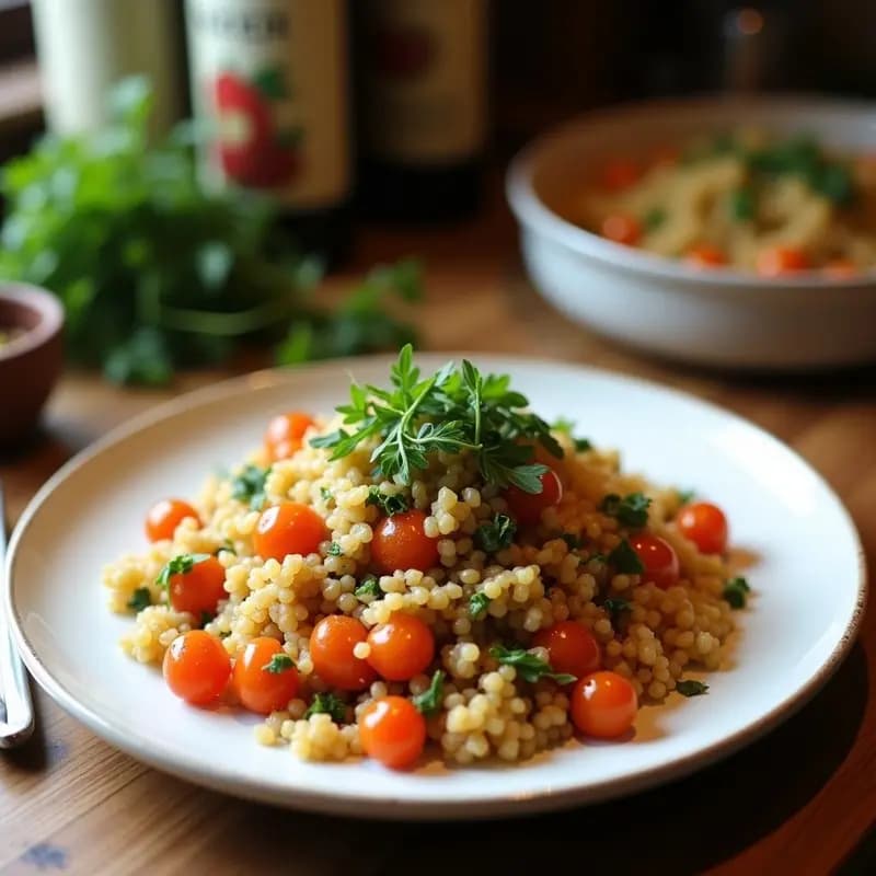 Bol de cerámica blanca con Tabbouleh de quinoa, granos de granada rojos vibrantes, hierbas verdes frescas y trozos de tomate y cebolla morada. Plato colorido y fresco con fondo de madera rústica.