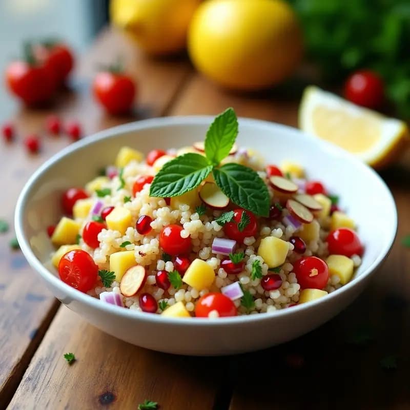 Ensalada Tabbouleh libanés en bol blanco de cerámica, con quinoa esponjosa, granos de granada rojos brillantes, trozos de limón confitado amarillo, menta fresca verde y cebolla morada. Decoración con almendras tostadas y hojas de perejil, sobre fondo rústico de madera con luz natural.