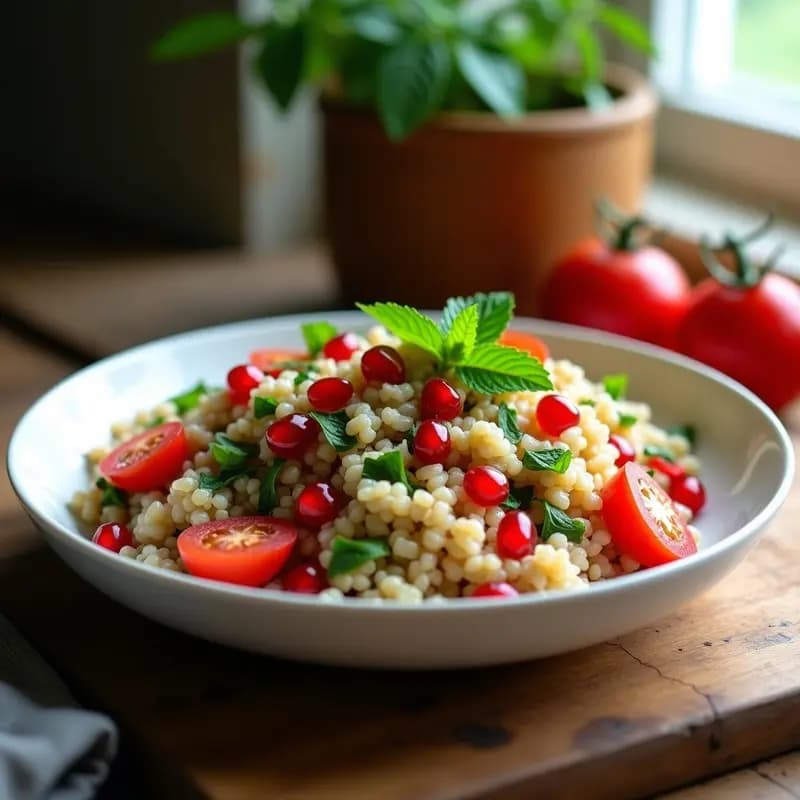 Plato hondo de cerámica blanca con Tabbouleh de trigo Burgol grueso, granados rojos vibrantes, hierbas frescas (cilantro, albahaca morada y menta), rábano negro rallado y semillas de sésamo tostadas. Ensalada libanesa fresca y colorida, lista para servir.