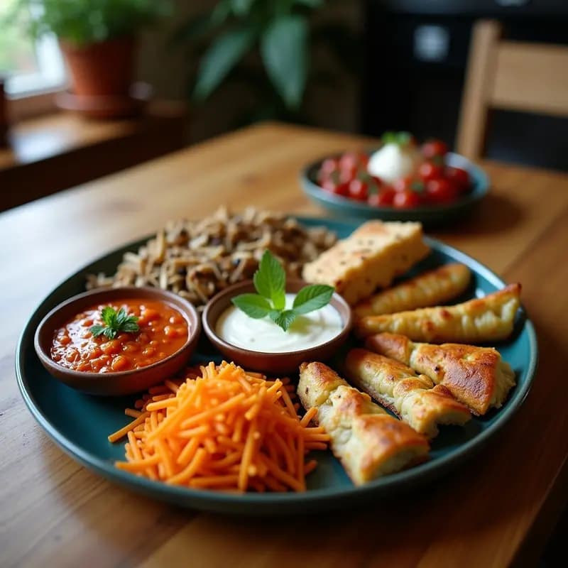 Tabla de madera rústica con baba ganoush cremoso decorado con granos de granada y piñones, dolmas de hojas de parra rellenos de arroz especiado, pan de pita tostado, aceitunas kalamata y hierbas frescas. Aperitivo mediterráneo vegano colorido y apetitoso.