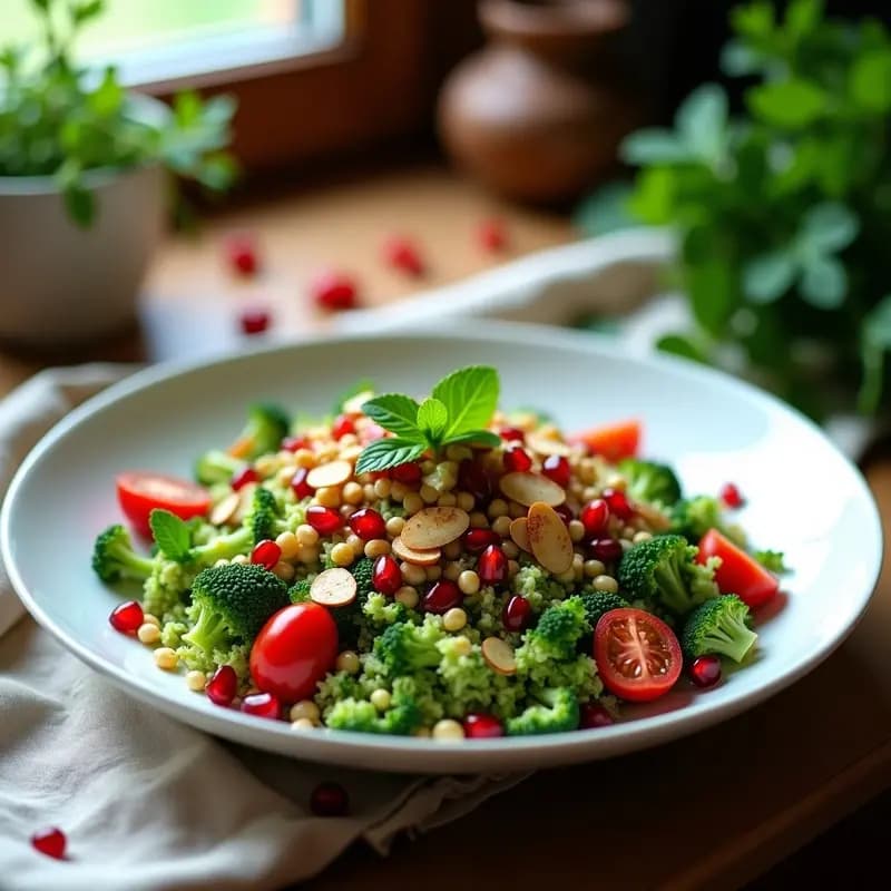 Ensalada Taboulé de Brócoli y Granada servida en un bol de cerámica blanca, con brócoli rallado verde vibrante, semillas de granada rojas brillantes, perejil y menta fresca picada, pistachos verdes troceados y un hilo de vinagreta dorada. Plato fresco y colorido sobre fondo de madera rústica con hierbas esparcidas.