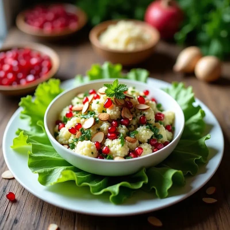 Ensalada Taboulé de coliflor y granados servida en un bol de cerámica blanca sobre hojas de lechuga romana, con granados rojos brillantes, almendras fileteadas tostadas y hierbas frescas verdes. Plato fresco y colorido, típico de la cocina libanesa low carb y sin trigo.