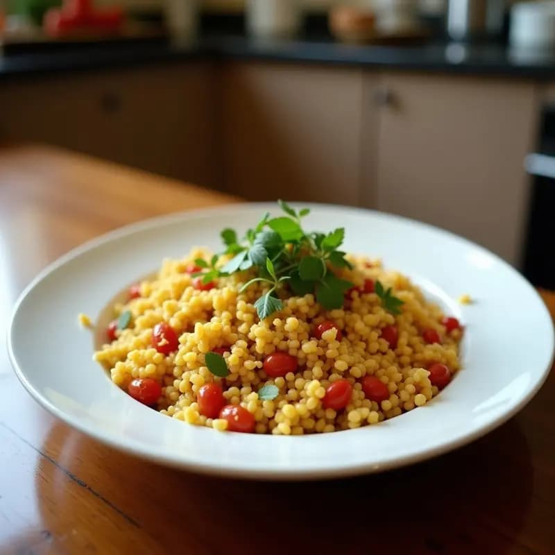 Ensalada Taboulé libanés con trigo bulgur, limón confitado, pepino, tomate y hierbas frescas, servida en un bol de cerámica blanca con semillas de sésamo espolvoreadas.