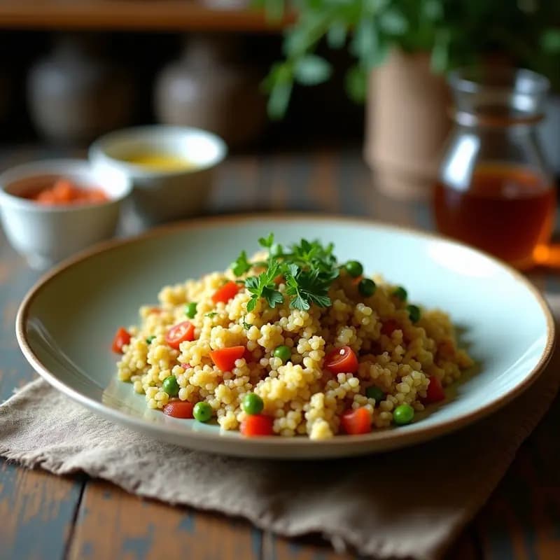 Plato bajo de cerámica blanca con taboulé de quinoa y granados asados, decorado con menta fresca, pistachos tostados y rodajas de limón, sobre un fondo rústico de madera con luz natural.